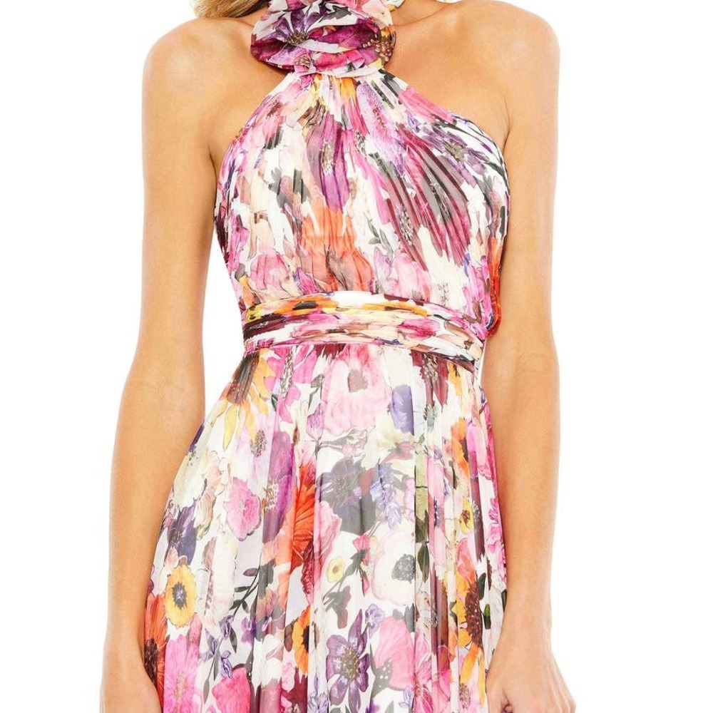Sold. Mac Duggal NEW Asymmetrical Ruffled Halter Floral Chiffon Gown Size 10 - Picture 5 of 16